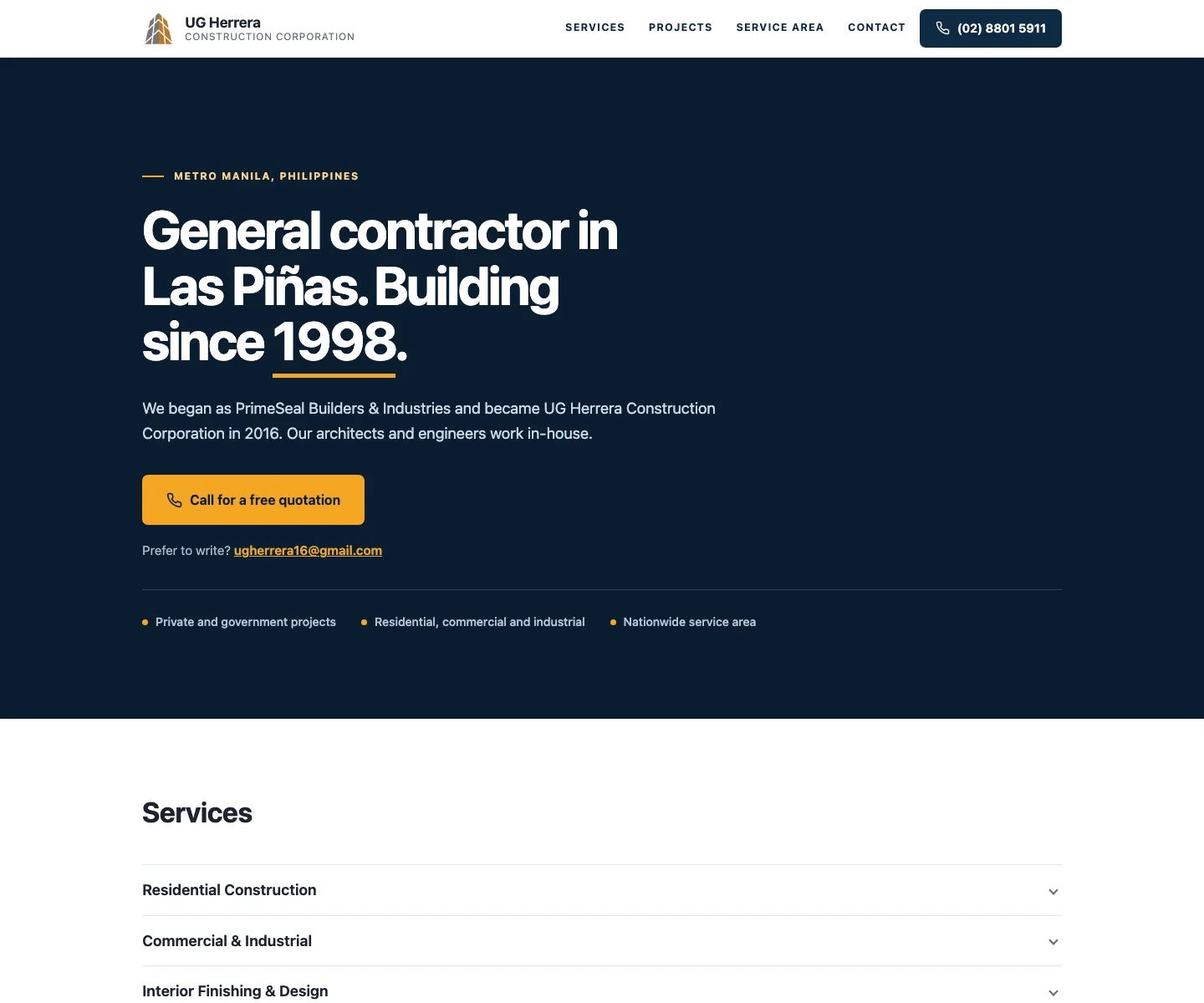 Homepage of the UG Herrera Construction Corporation website: a dark navy hero reading “General contractor in Las Piñas. Building since 1998.” with a yellow quotation button, above a services list.