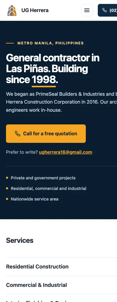 The homepage at phone width, with the headline and call button stacked for one-handed reading.