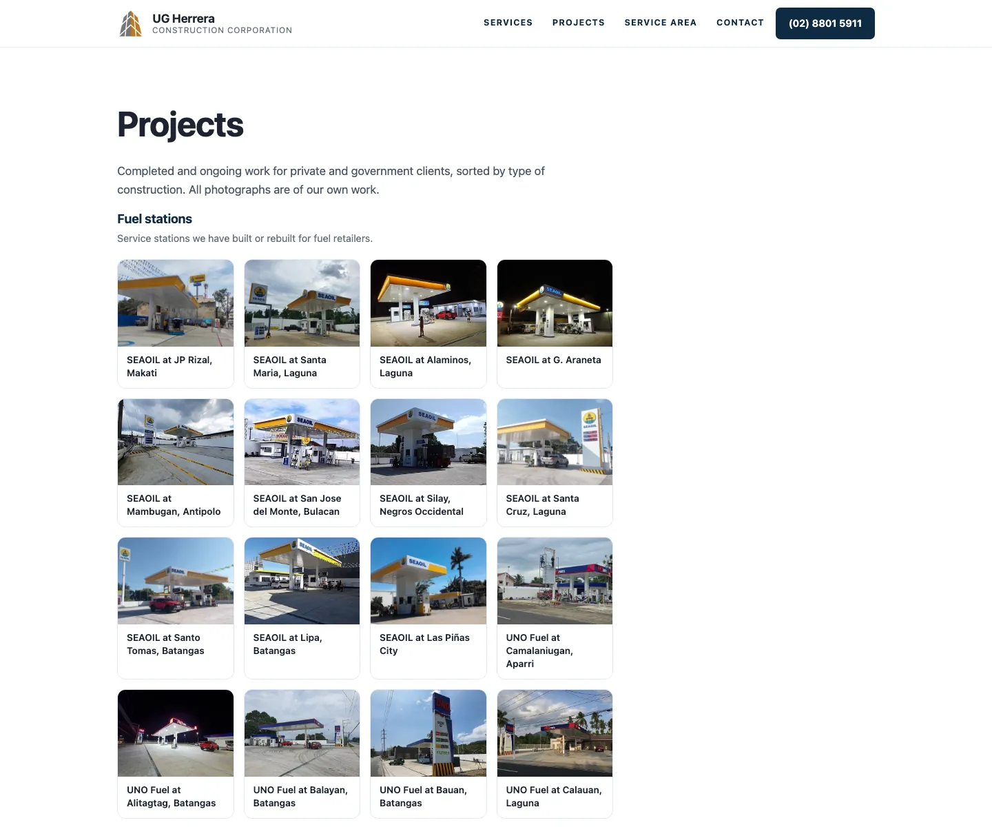 The projects gallery page, showing a grid of completed construction projects with captions naming each site and location.